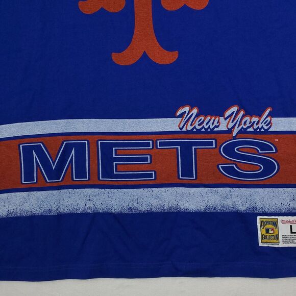 New York Mets Mitchell &‎ Ness MLB Large Shirt Distressed Logo Blue Orange NWT - Picture 4 of 9